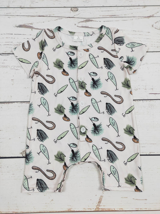 Fish Printed Button Down Boys Romper