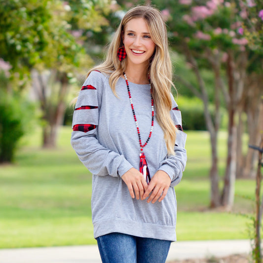 Game Day Long Sleeve Buffalo Plaid Cut up Top - Light Grey