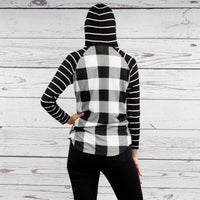 Striped Hoodie with Buffalo Plaid Print Top - Black White