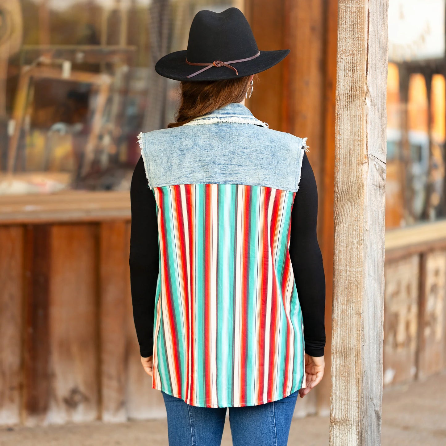 Serape Print Sleeveless Denim Button Down Top