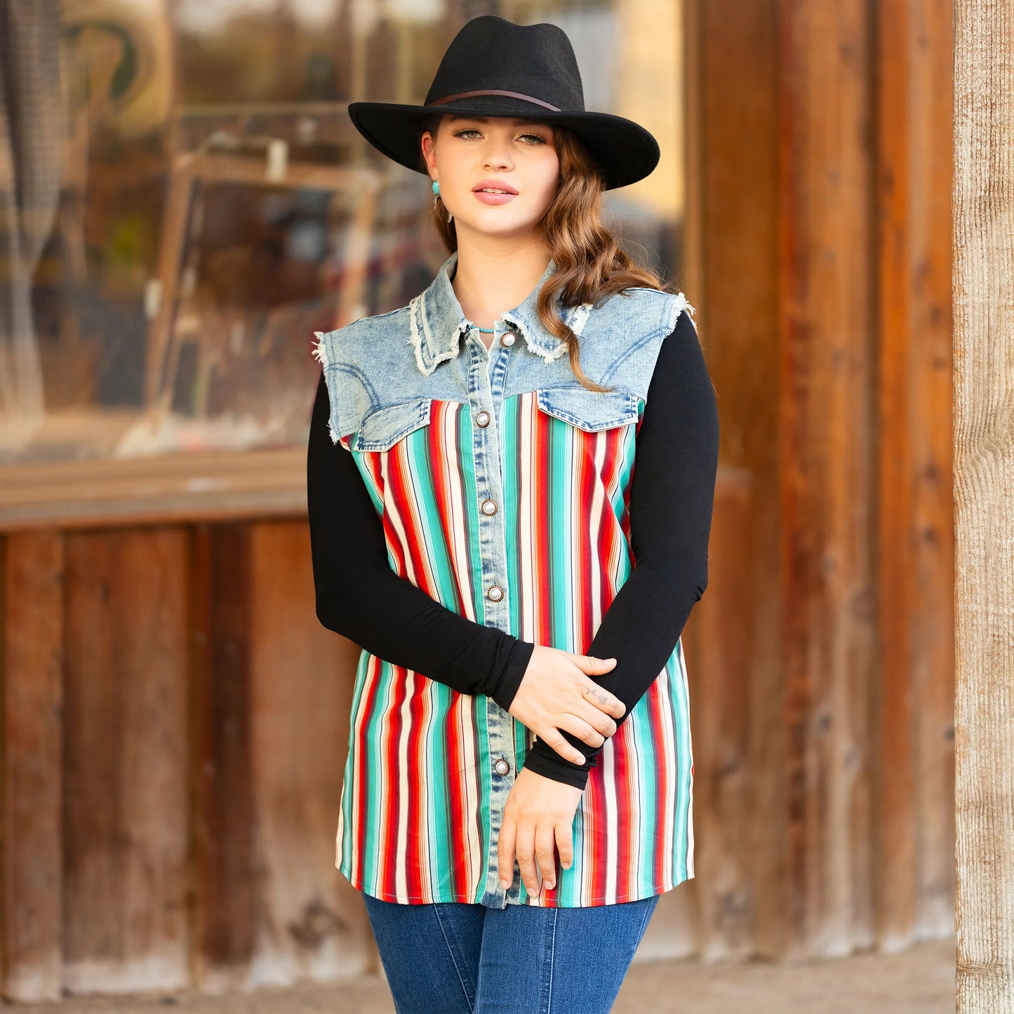 Serape Print Sleeveless Denim Button Down Top