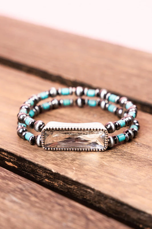 TURQUOISE ATMORE SILVERTONE BEADED BRACELET