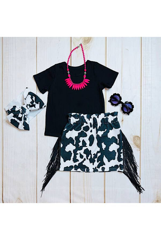 Black top w/cow print fringe skirt set