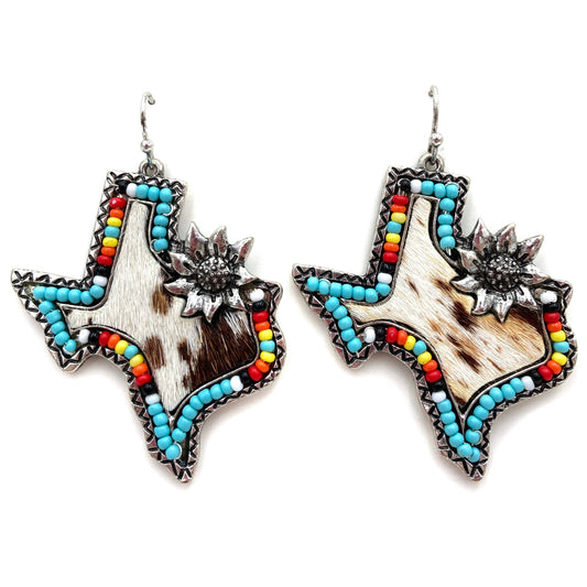 Texas Seed Bead Cowhide Print Flower Hook Dangle Earring