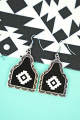 BLACK HAWK AZTEC SILVERTONE/WOOD CATTLE TAG EARRINGS